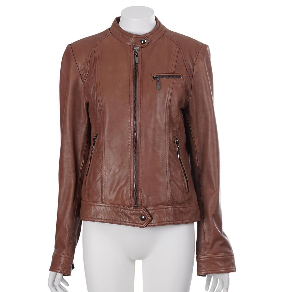 Marc New York Moto Jacket M Brown Leather Full Zip Lined Zip Pockets